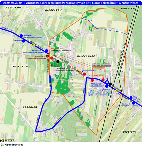 Tymczasowe skrócenie trasy wariantowej linii 6 oraz objazd linii P w Milejowicach